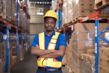 Warehouse worker, African American male worker at warehouse. Male worker wearing safety uniform,...