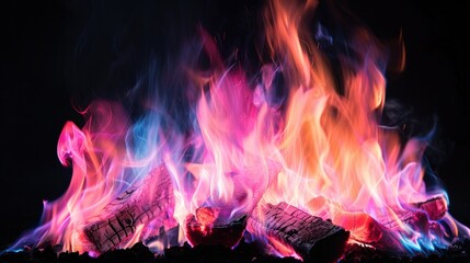 Fototapeta premium Vibrant Flames and Colorful Glow of a Cozy Fire in Dark Background