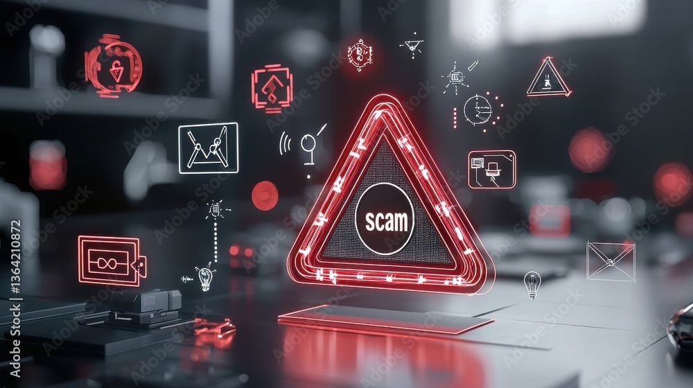 Poster a digital warning sign with a red triangle icon and cybersecurity symbols alerting users to potentia
