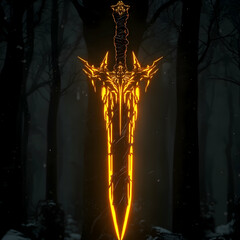 Glowing fantasy sword, dark forest background, video game concept art, ideal for game design