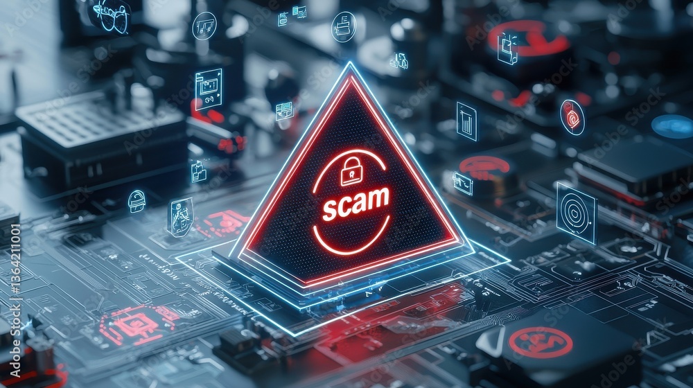 Poster a glowing red warning triangle with the word scam inside surrounded by various cybersecurity related