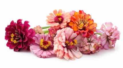 Fototapeta premium Colorful Zinnia Flowers Arranged on a White Background