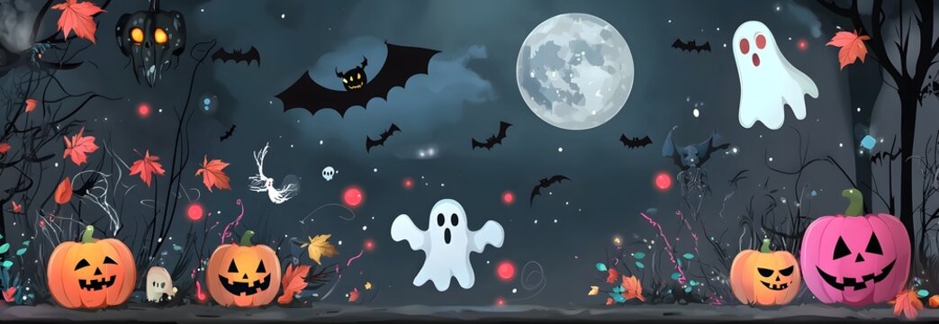 Spooky Halloween Forest with Glowing Pumpkins Floating Ghosts and Autumn Leaves   A beautifully designed Halloween greeting card template featuring a dark