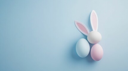 concept easter celebration , flatlay easter eggs and bunny ears on blue background , easter card