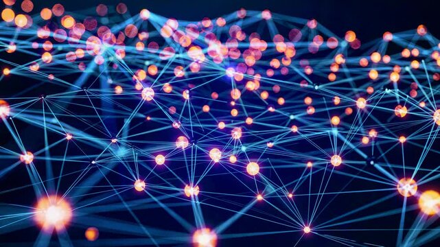 Abstract network with glowing nodes and lines, captured from a low-angle perspective, resembling a futuristic digital video interface. Live desktop wallpaper.