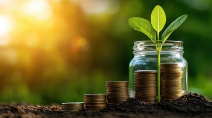 A metaphorical representation of financial investment and growth where a plant is growing from a glass jar filled with stacked coins