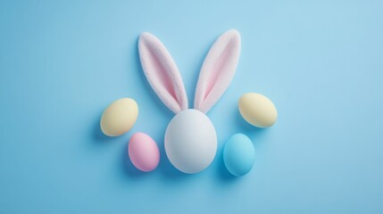 concept easter celebration , flatlay easter eggs and bunny ears on blue background , easter card