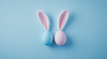 Obraz premium concept easter celebration , flatlay easter eggs and bunny ears on blue background , easter card