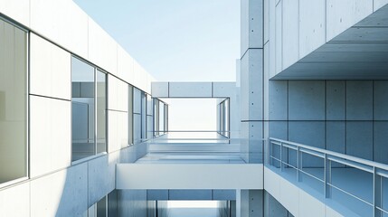 Obraz premium Modern, minimalist concrete building interior courtyard. Sunlight streams through large windows, showcasing a light-filled, open-plan, spacious, and airy architectural design.