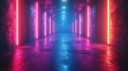 Illuminated Concrete Corridor with Neon Lights in a Cyberpunk Style