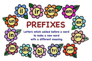 Hand drawn picture of colorful flowers about Prefixes words. Illustration for education. Concept English grammar teaching. Educational materials. Teaching aid for students and teachers. Word formation © Sanhanat