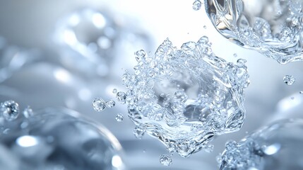 Abstract, crystalline water droplets in motion, suspended in air, with a soft, ethereal light.