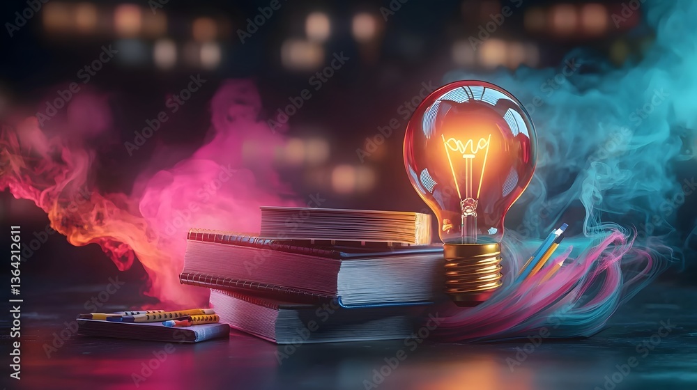 Poster education themed still life featuring a glowing lightbulb illuminating a composition of books notebo
