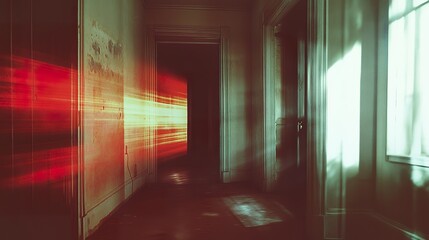 Naklejka premium A dimly lit corridor with light beaming through doorways