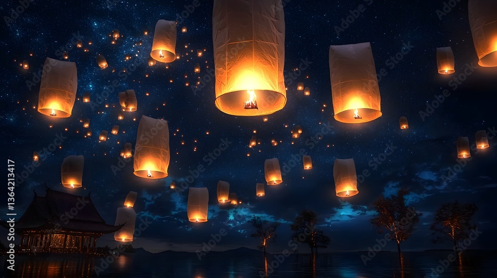 Poster An enchanting night scene filled with floating sky lanterns their soft golden light casting a warm glow against the dark starry sky  The lanterns create a mesmerizing perspective