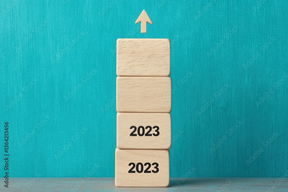 Aufkleber stacked wooden blocks with the number 2023 signifying growth and progress against turquoise backgrou