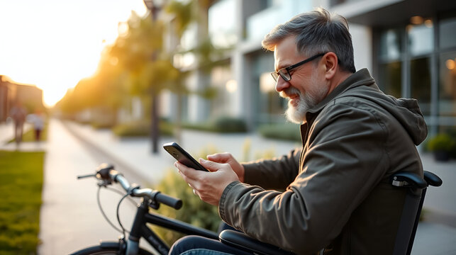 Man with disability using smartphone near bicycle