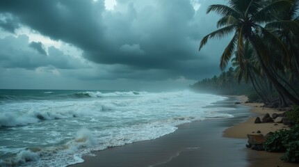 A coastal scene with dark storm clouds and heavy winds bending palm trees, ocean waves crashing ashore