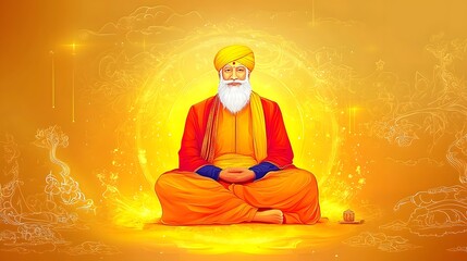 Ethereal and Portrayal of Guru Nanak Dev Ji the Founder of Sikhism Surrounded by Glowing Divine Light Intricate Spiritual Motifs and a Peaceful Natural Setting Representing Harmony and Enlightenment