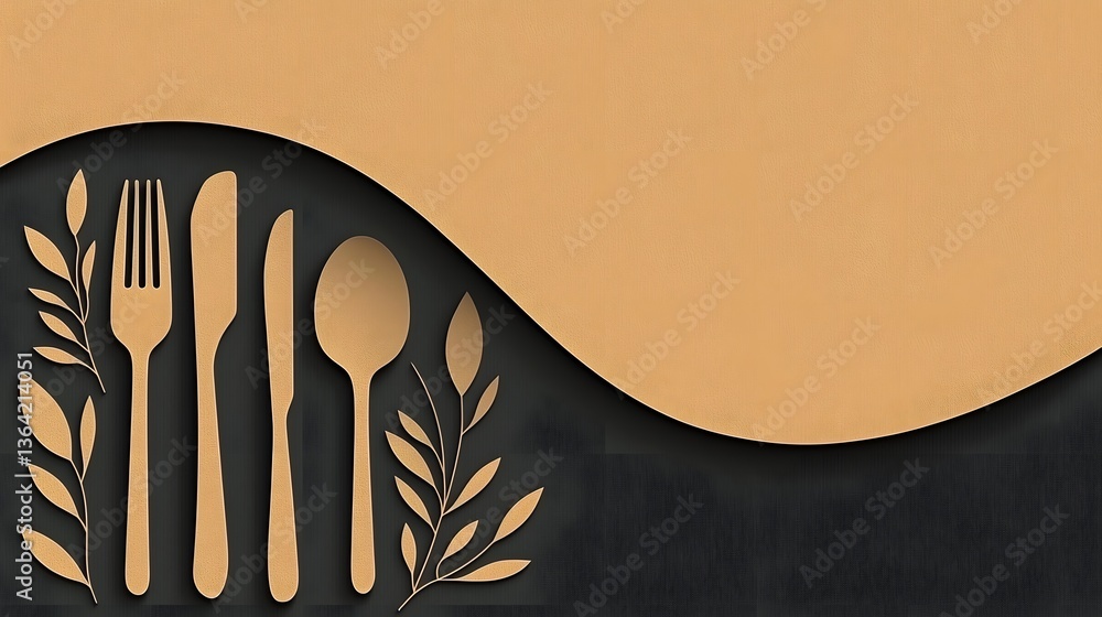 Poster Minimalist continuous line art design featuring a composition of hand drawn cutlery and cooking utensils including a fork knife spoon whisk and spatula arranged in a sleek modern
