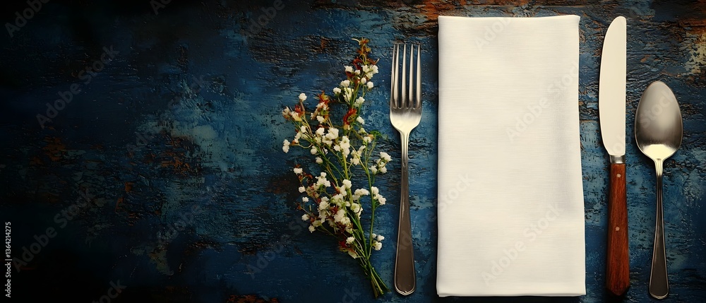 Poster A refined and line art showcasing a formal dinner setting with precisely drawn crockery silverware and a neatly folded napkin  The smooth and flowing lines create a sophisticated