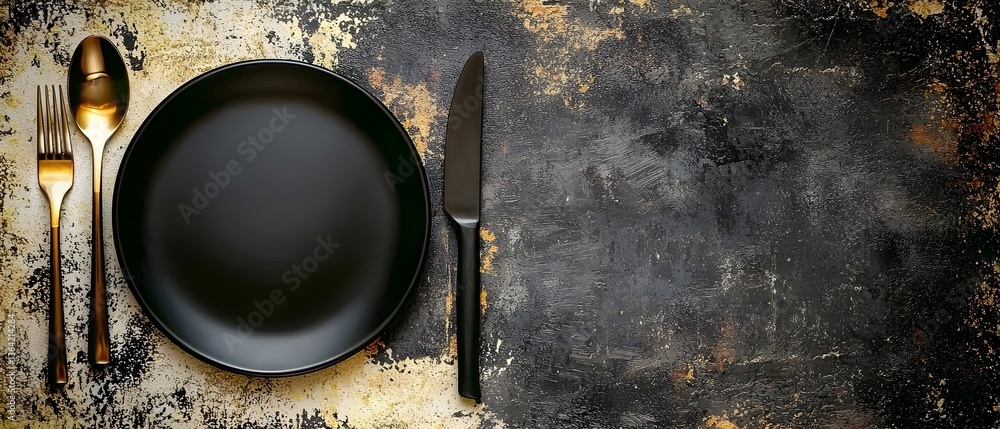 Poster A contemporary continuous line drawing depicting a complete dining set including a circular plate knife fork spoon and a minimalist menu design