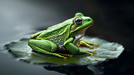 Obraz premium Detailed Green Frog On Dark Water Lily Pad