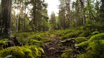 Obraz premium Tranquil Forest Pathway Surrounded by Lush Greenery and Sunlight