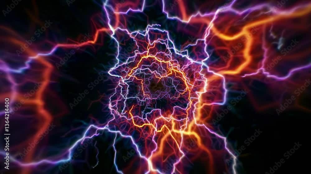 Poster dynamic video of colorful electric currents in a vortex pattern, captured from a top-down angle, cre