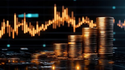 Stacks of golden coins on abstract financial chart background showing growth and investment strategies  Concept of successful financial planning investment wealth management