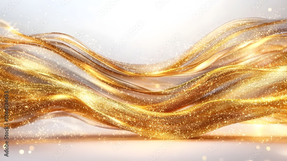 Poster radiant golden wave with glittering highlights and soft flowing motion set against a sleek white bac