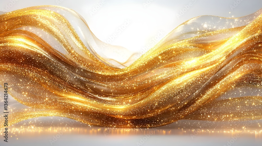Poster radiant golden wave with glittering highlights and soft flowing motion set against a sleek white bac