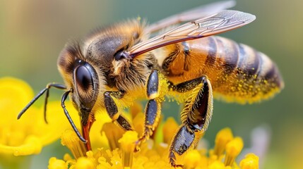 Close-Up of Honey Bee Collecting Pollen from Bright Yellow Flower