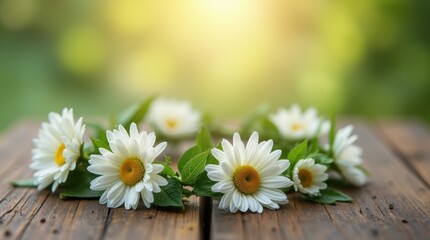 Obraz premium A delicate flower crown with detailed white daisies and lush green leaves, resting on a vivid rustic wooden surface