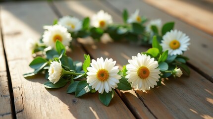 Obraz premium A delicate flower crown with detailed white daisies and lush green leaves, resting on a vivid rustic wooden surface