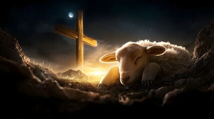 A touching and symbolic image of a lamb resting peacefully at the foot of a rugged cross surrounded by glowing mist in a dimly lit field  The faint light of the moon highlights the lamb s form