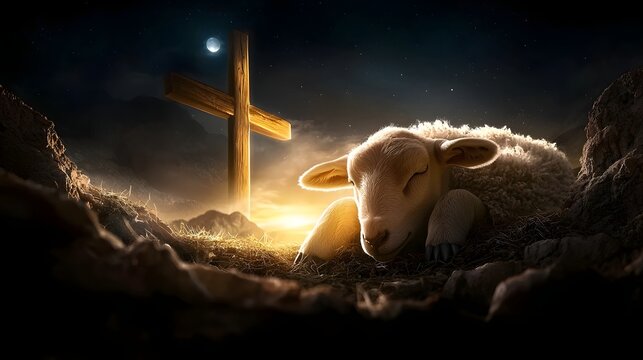 A touching and symbolic image of a lamb resting peacefully at the foot of a rugged cross surrounded by glowing mist in a dimly lit field  The faint light of the moon highlights the lamb s form