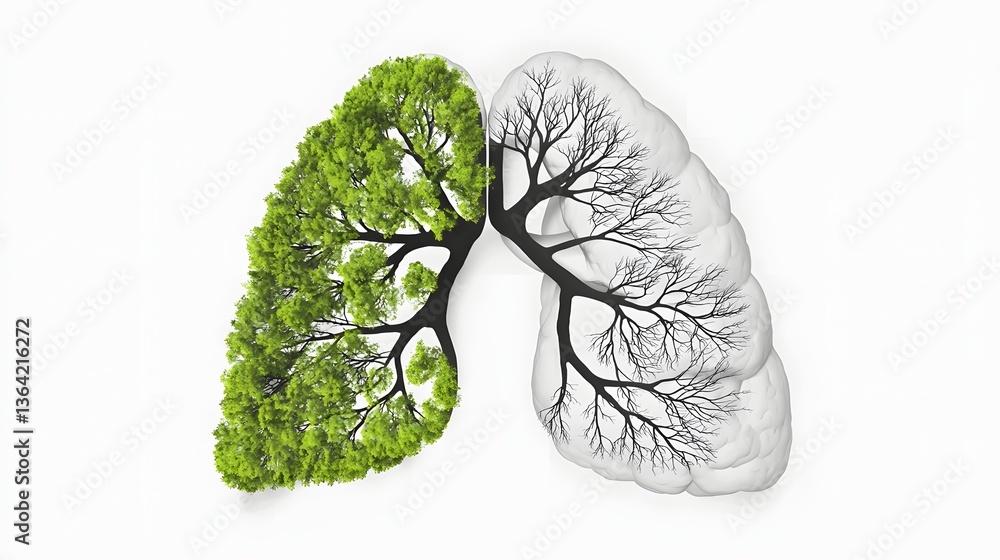 Poster surreal and conceptual depicting lungs seamlessly merging with a forest where the trees and branches