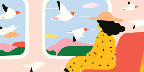 Fototapeta premium A woman in a yellow dress, gazes out of a window at flying birds, embarking on a journey toward the horizon, encapsulating the spirit of travel and exploration. 