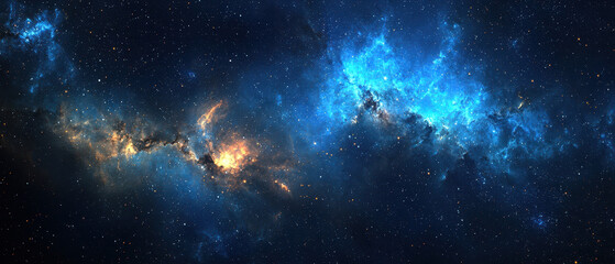 Obraz premium A stunning cosmic panorama showcasing vibrant nebulae and twinkling stars against a deep blue backdrop, illustrating the beauty of the universe.
