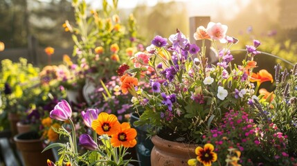 Vibrant Flower Garden in Sunlight with Colorful Blossoms and Greenery