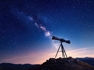 A telescope captures the stunning night sky filled with stars and the Milky Way.