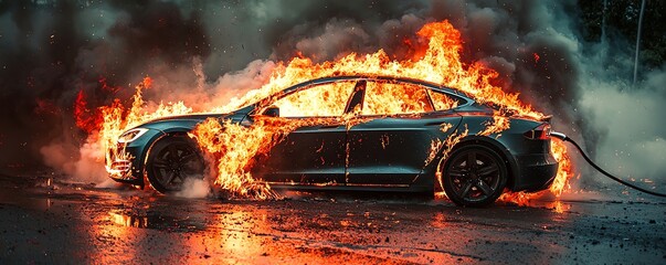Dramatic photo of an electric car engulfed in flames, highlighting EV fire risks, battery hazards, and emergency scenarios. High-quality stock image for safety and news use