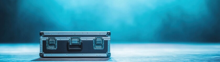 Fototapeta premium A sleek metal case on a misty surface, conveying professionalism and organization.