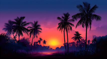 Obraz premium Pixelated Tropical Sunset Scene Depicting Silhouetted Palm Trees Against Colorful Sky With Orange Sun