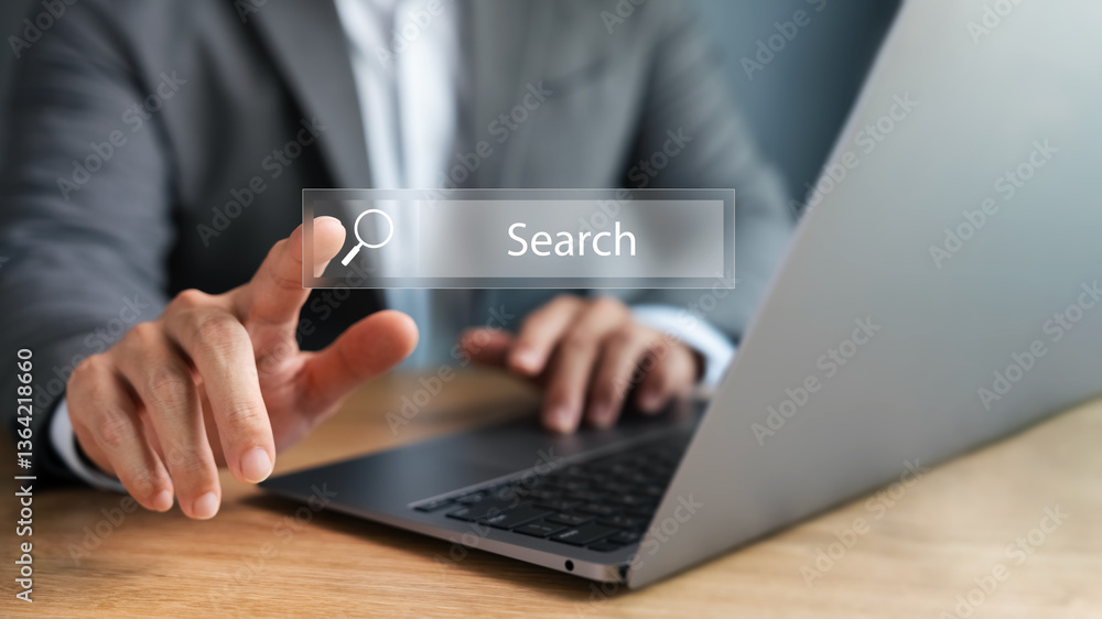 Poster seo search engine optimization, young man using laptop and tablet to find insights, search engine te