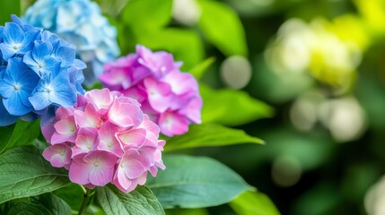 Serene Hydrangea Blooms  Pink  Blue  Lush Greenery  Garden  Nature Photography