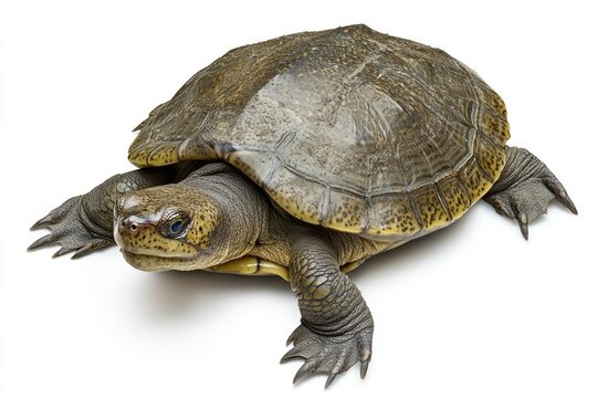 Chinese softshell turtle from top-down view, leathery shell textures, hyper-realistic, isolated.