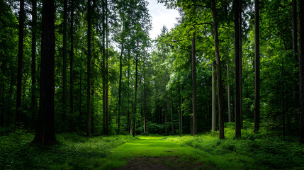 Obraz premium Lush Green Forest Path Illuminated By Sunlight Through Tall Trees in Natural Landscape