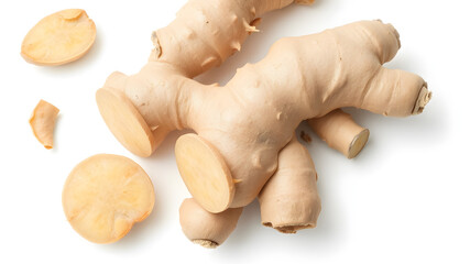 Fresh ginger root or rhizome isolated on white background cutout